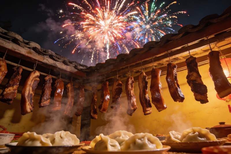 夜空烟花下晾晒的腊肉与饺子图片
