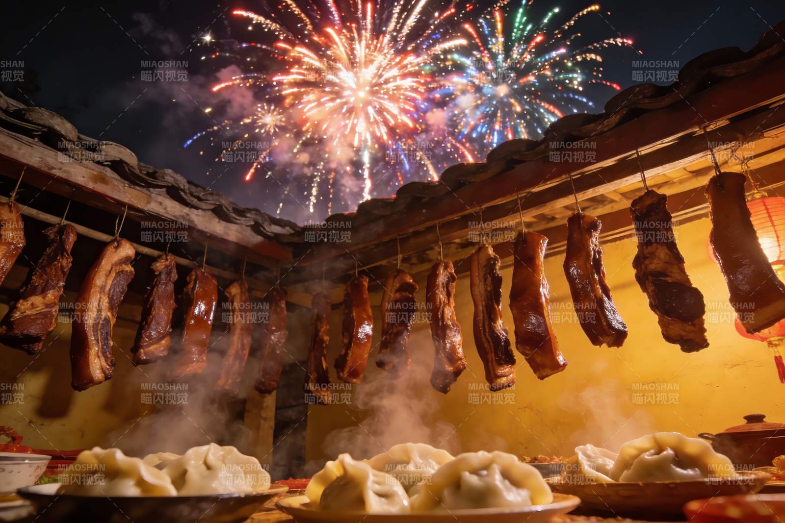 夜空烟花下晾晒的腊肉与饺子图片