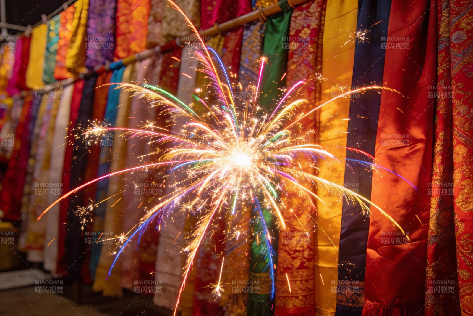 烟花绽放布帘前绚丽多彩图片