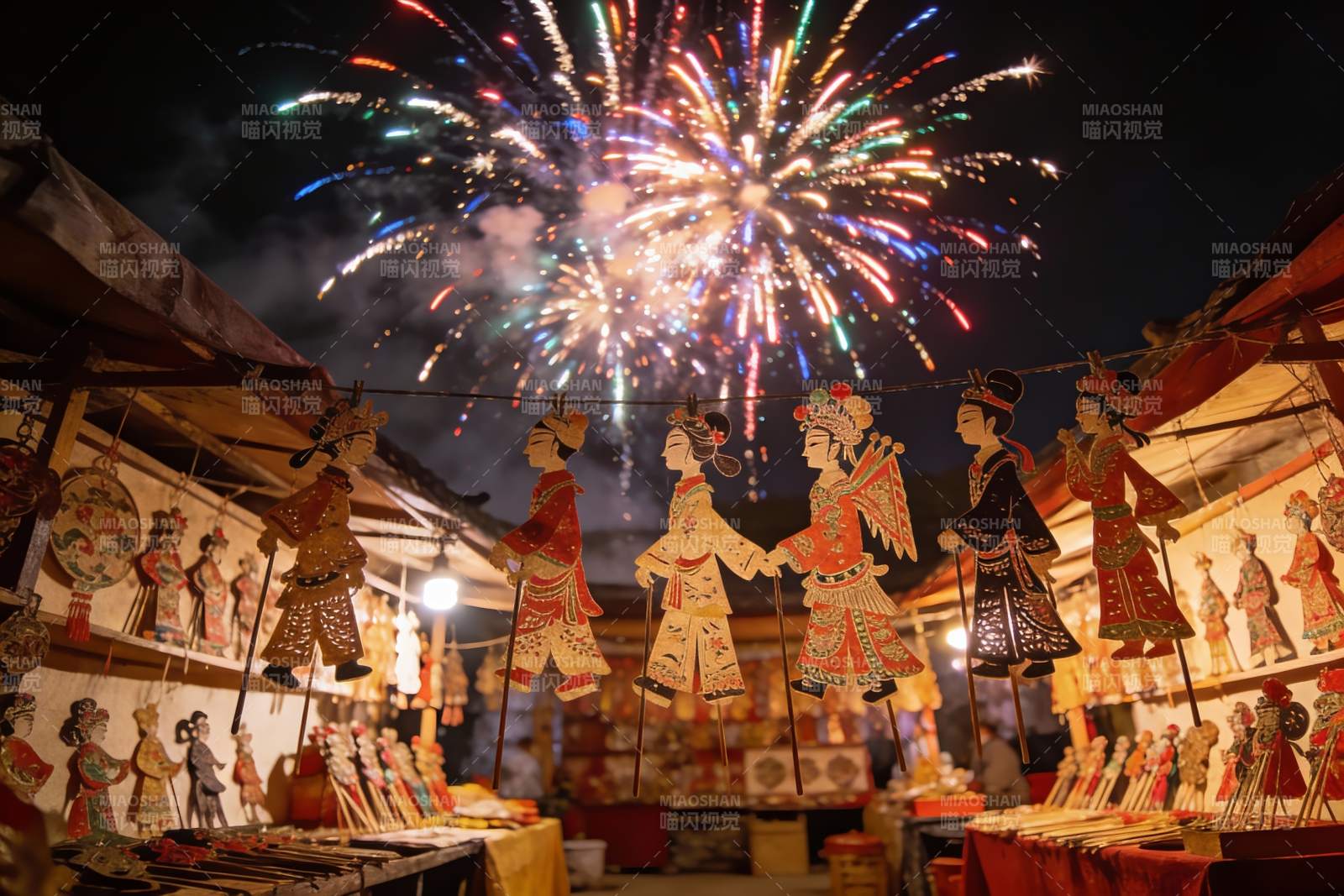 夜市皮影戏烟花绽放图片