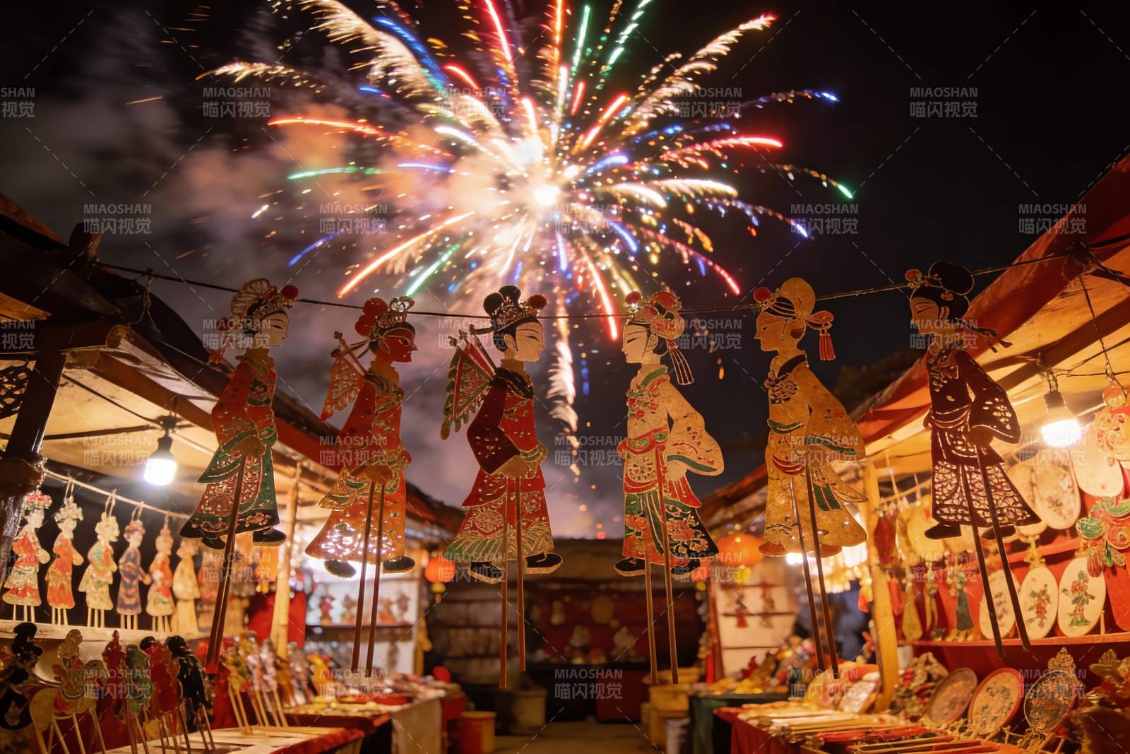夜市皮影戏与烟花绽放图片