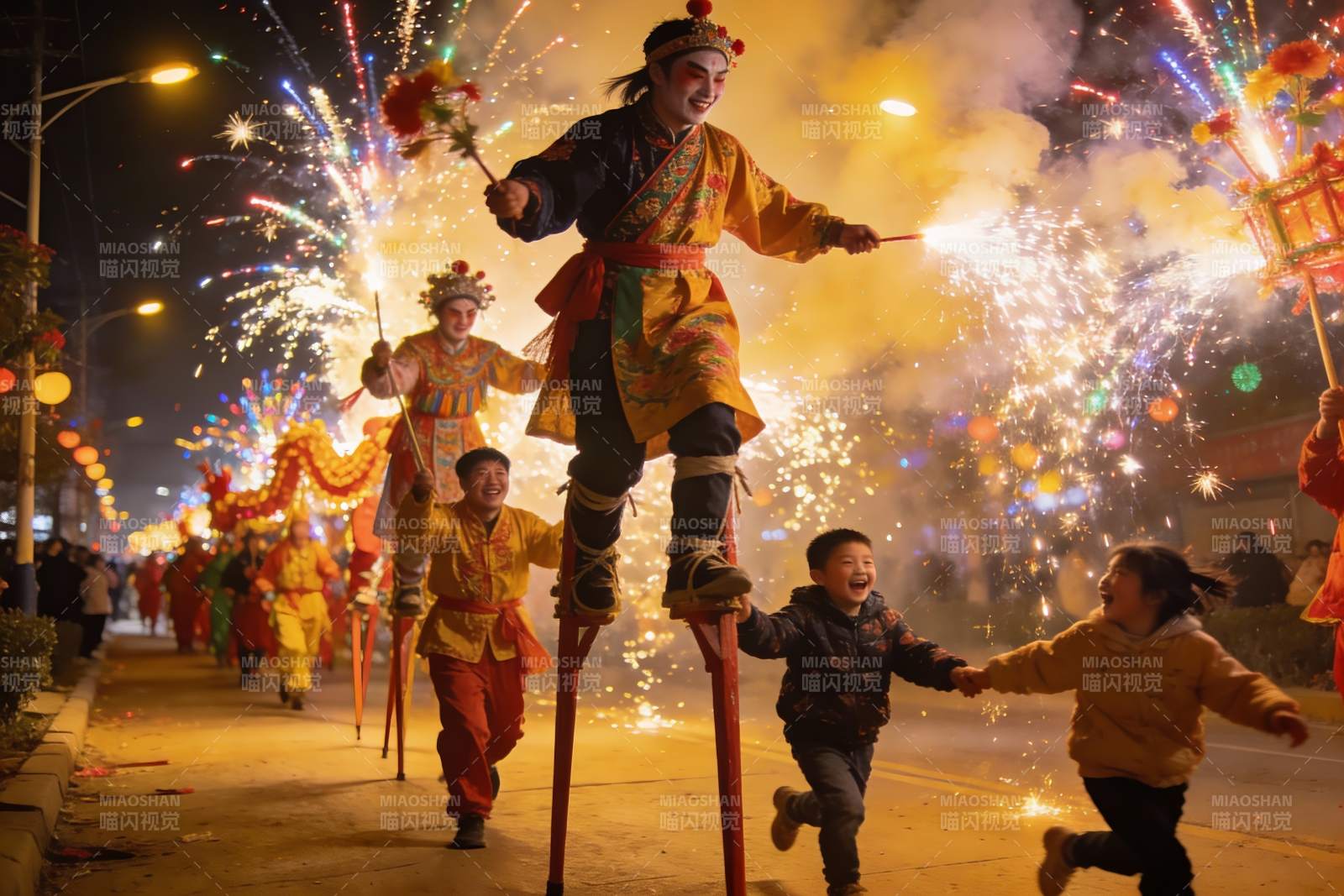 烟花节庆踩高跷儿童欢跑图片