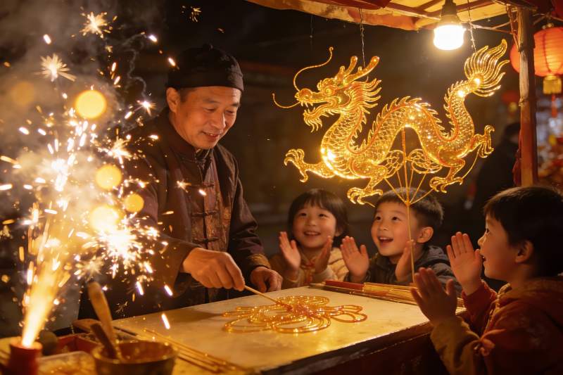 老人制作糖画儿童围观图片