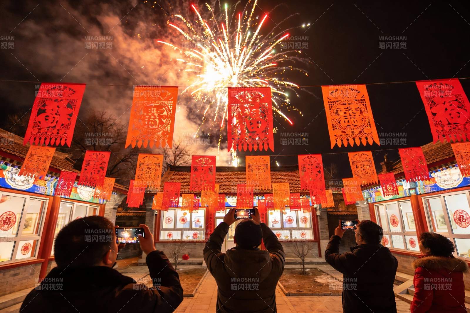 夜空中绽放烟花众人拍照留念图片