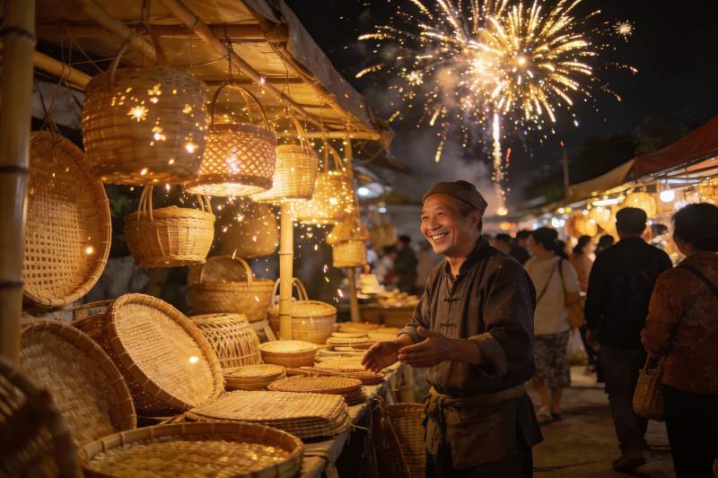 夜市烟火下竹编摊主笑容图片