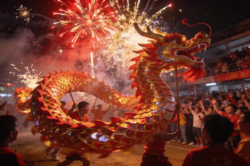夜空中舞动的金色龙灯表演图片