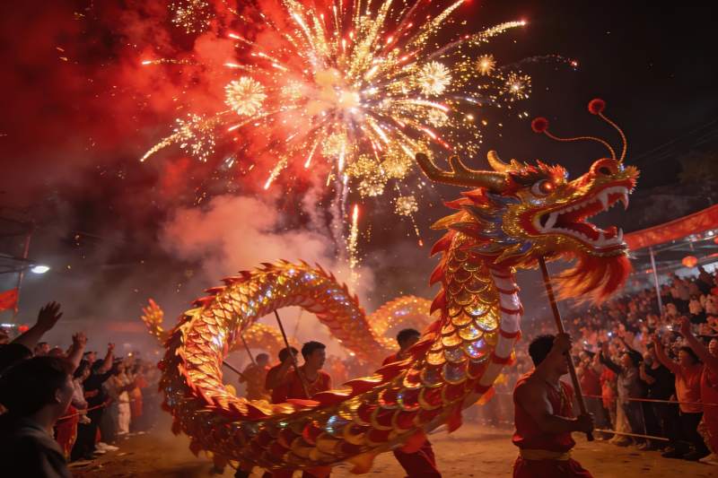 夜空中舞龙烟花璀璨夺目图片