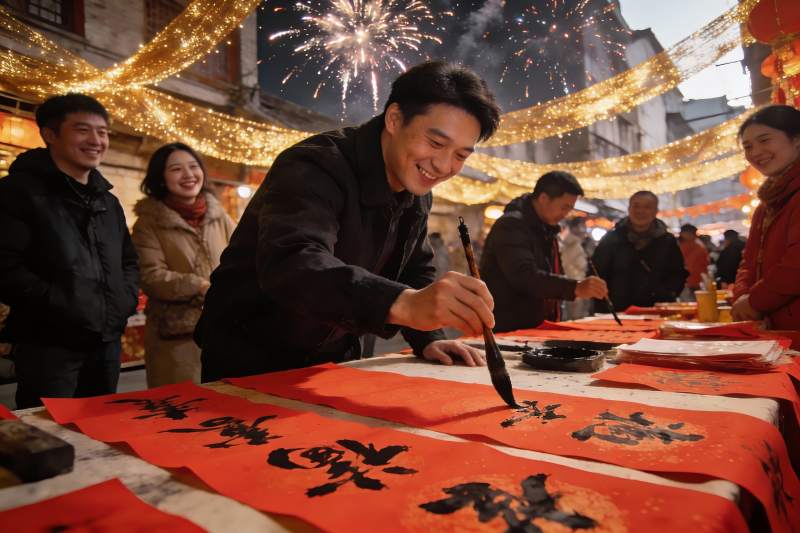 烟花下写春联欢庆节日图片