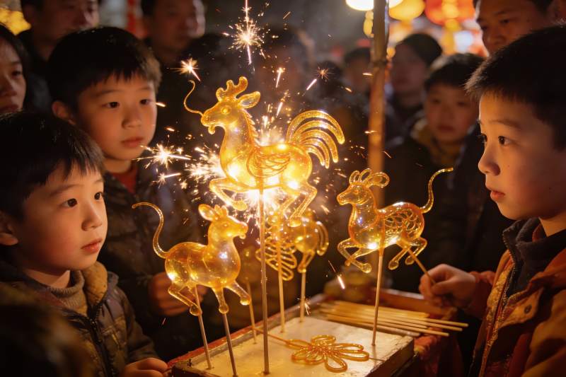 孩童围观发光糖艺动物图片