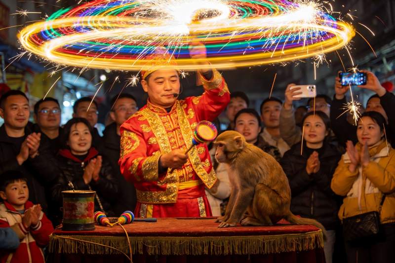 猴戏表演火花四溅观众欢呼图片