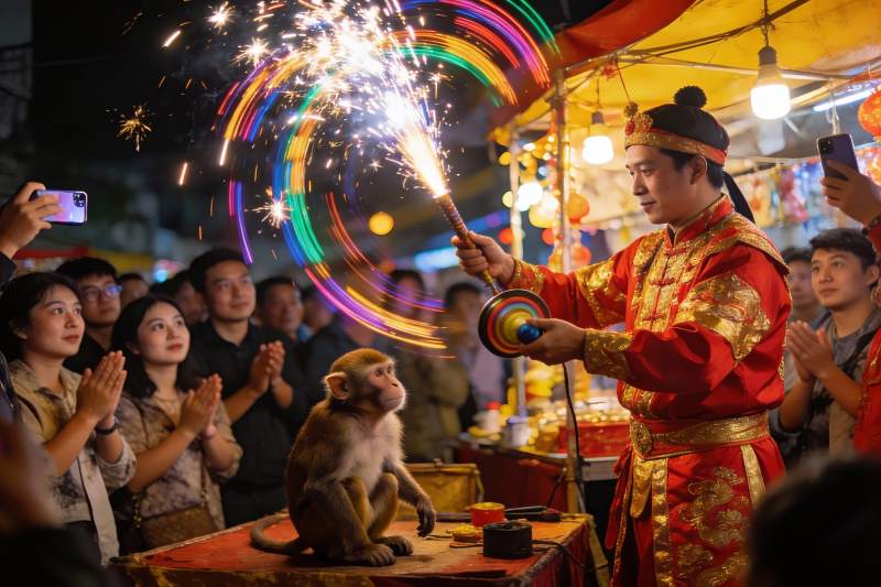 夜市表演手持烟花猴受瞩目图片