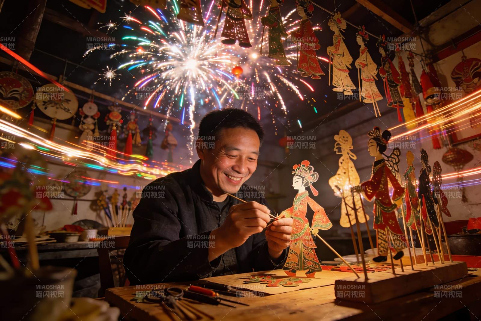匠人制作皮影戏偶烟花绽放图片