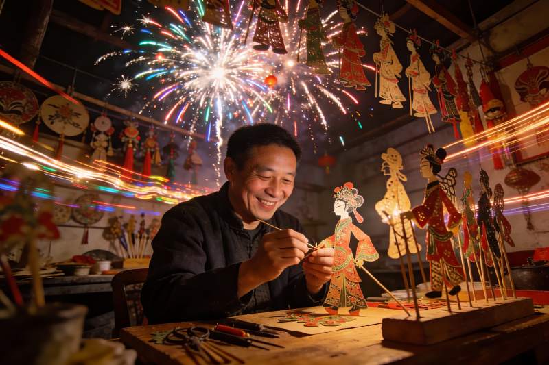 匠人制作皮影戏偶烟花绽放图片