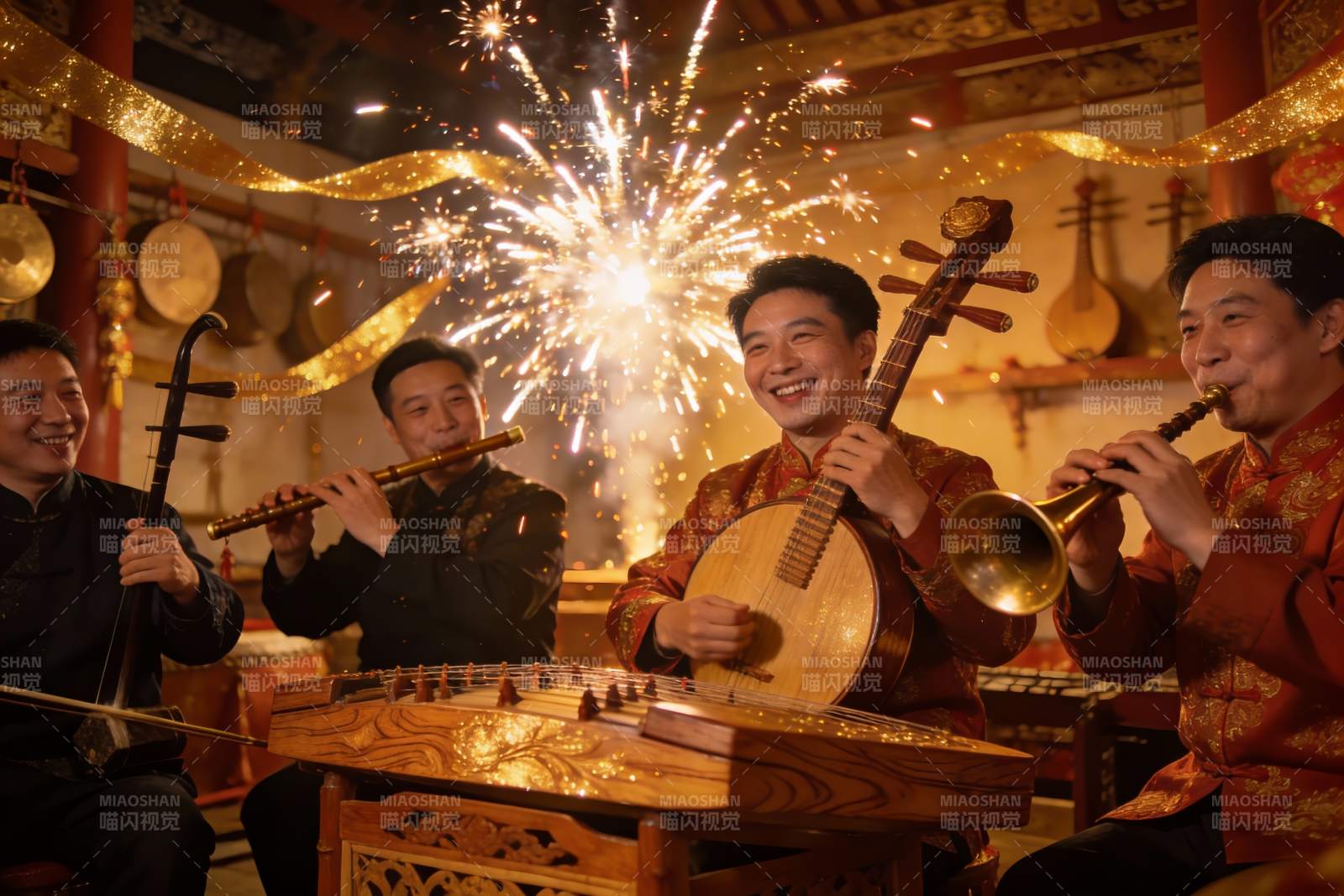 四位乐手演奏传统乐器庆祝节日图片