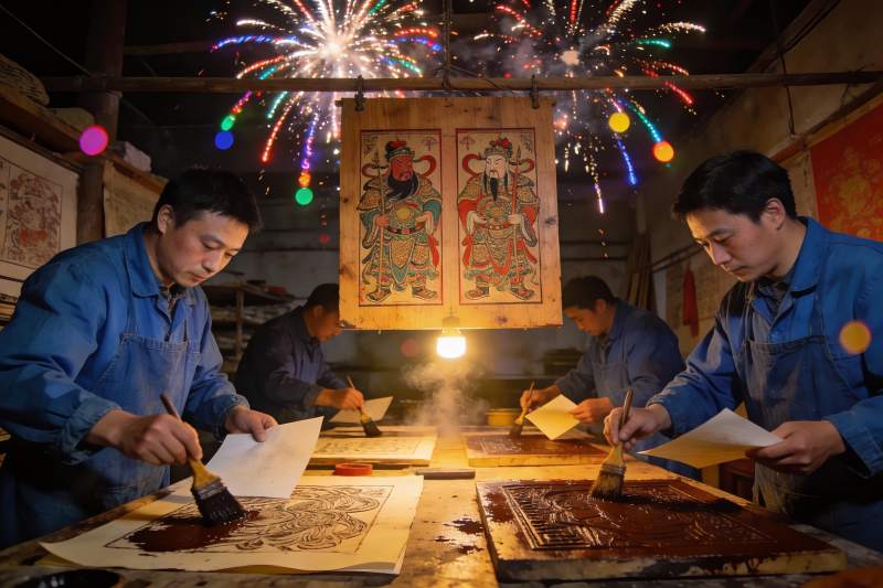 工匠制作传统木版年画烟花映衬图片