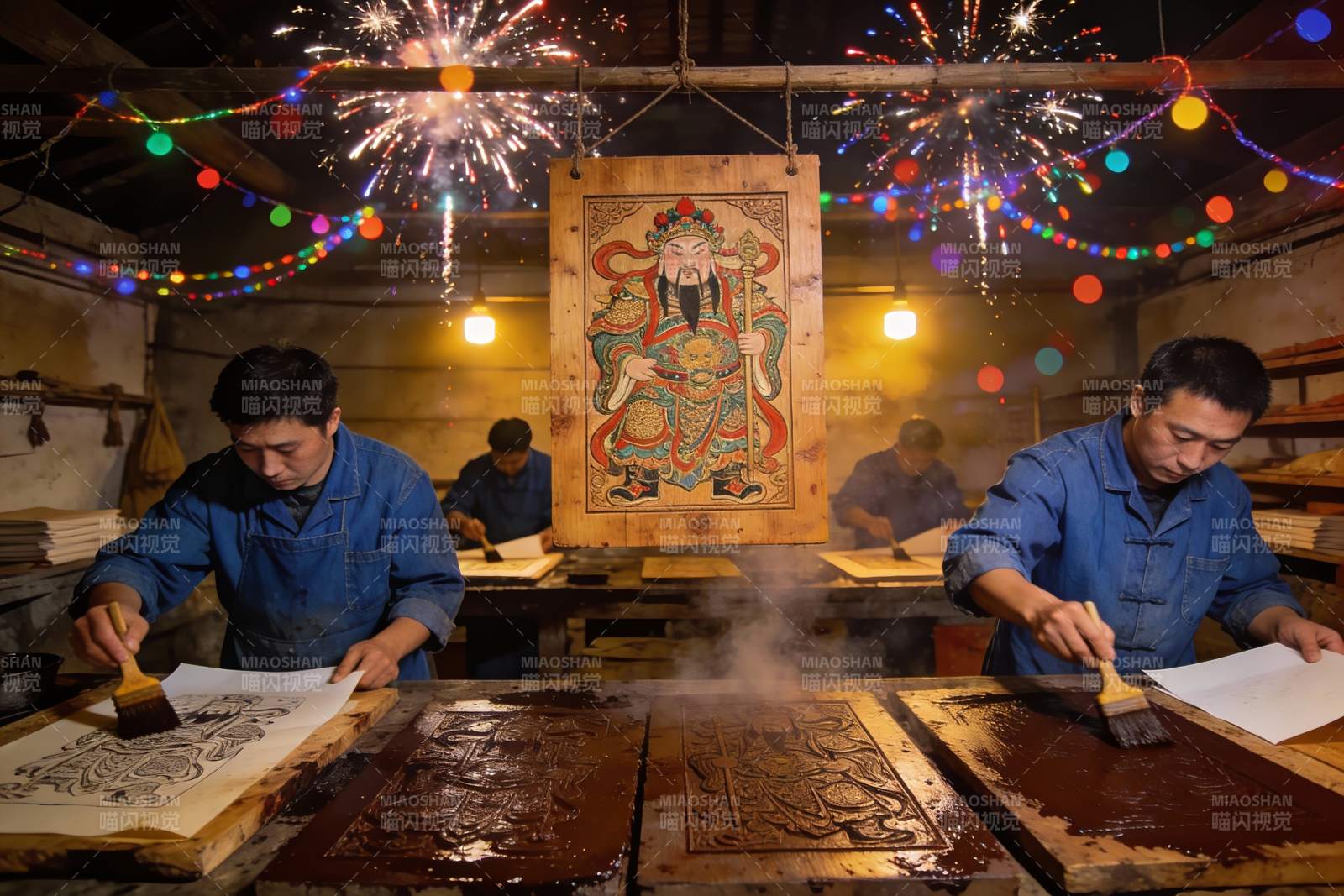 工匠制作传统木版年画图片