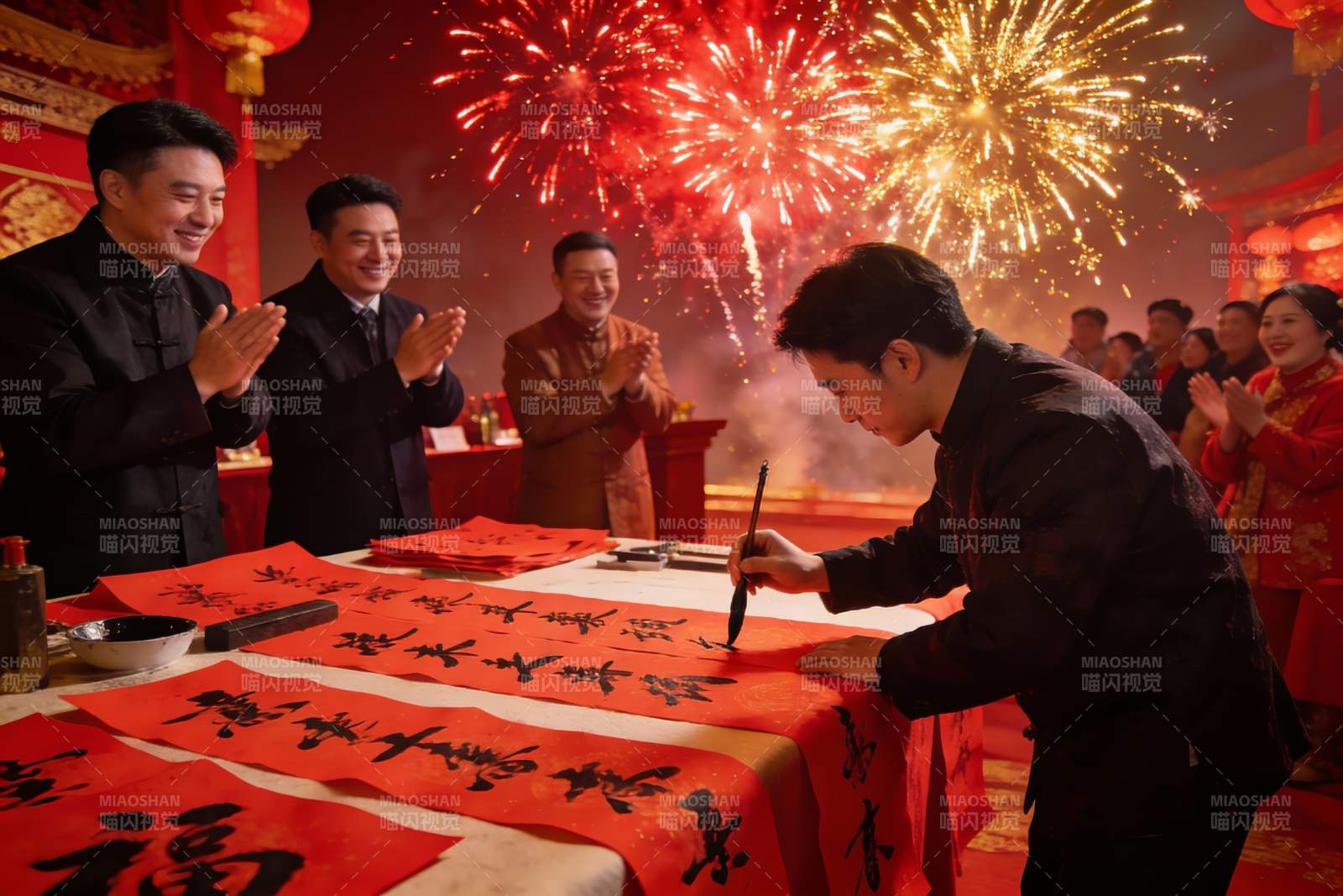 春节庆典中书法创作与烟花绽放图片
