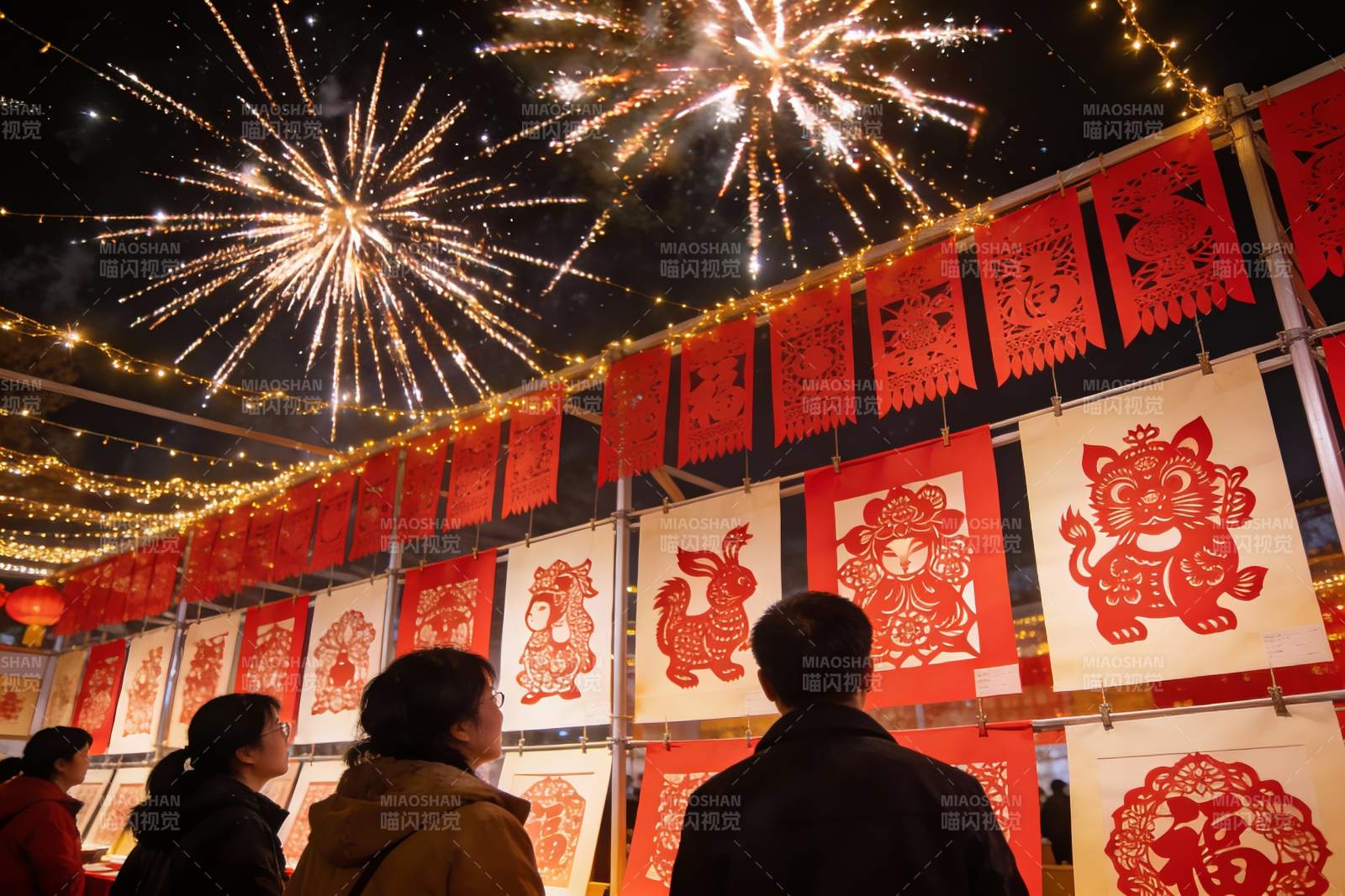 烟花下观赏剪纸艺术图片