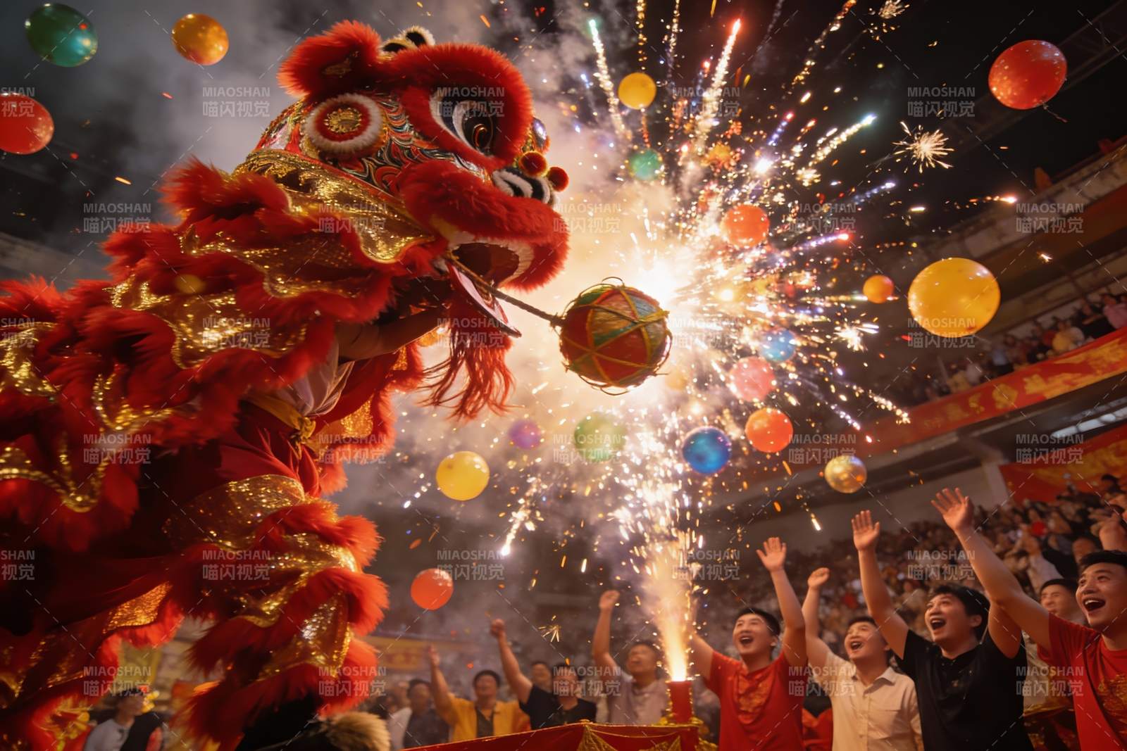 舞狮烟花齐放欢庆节日盛景图片