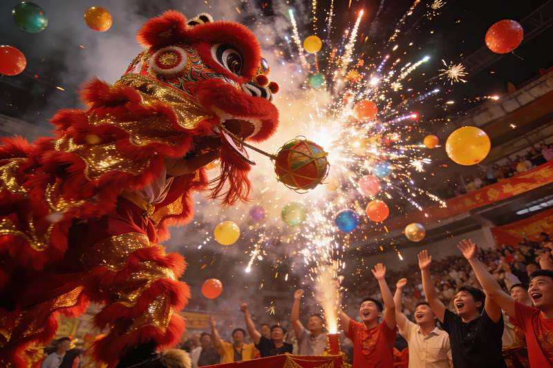 舞狮烟花齐放欢庆节日盛景图片