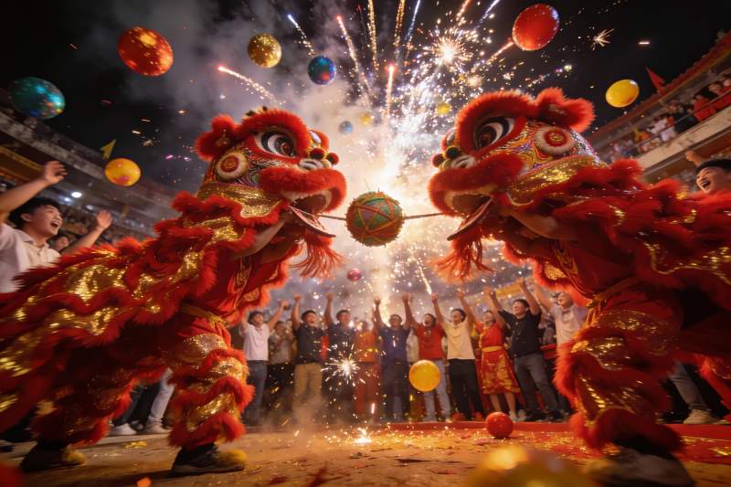 舞狮表演烟花绽放热闹非凡图片