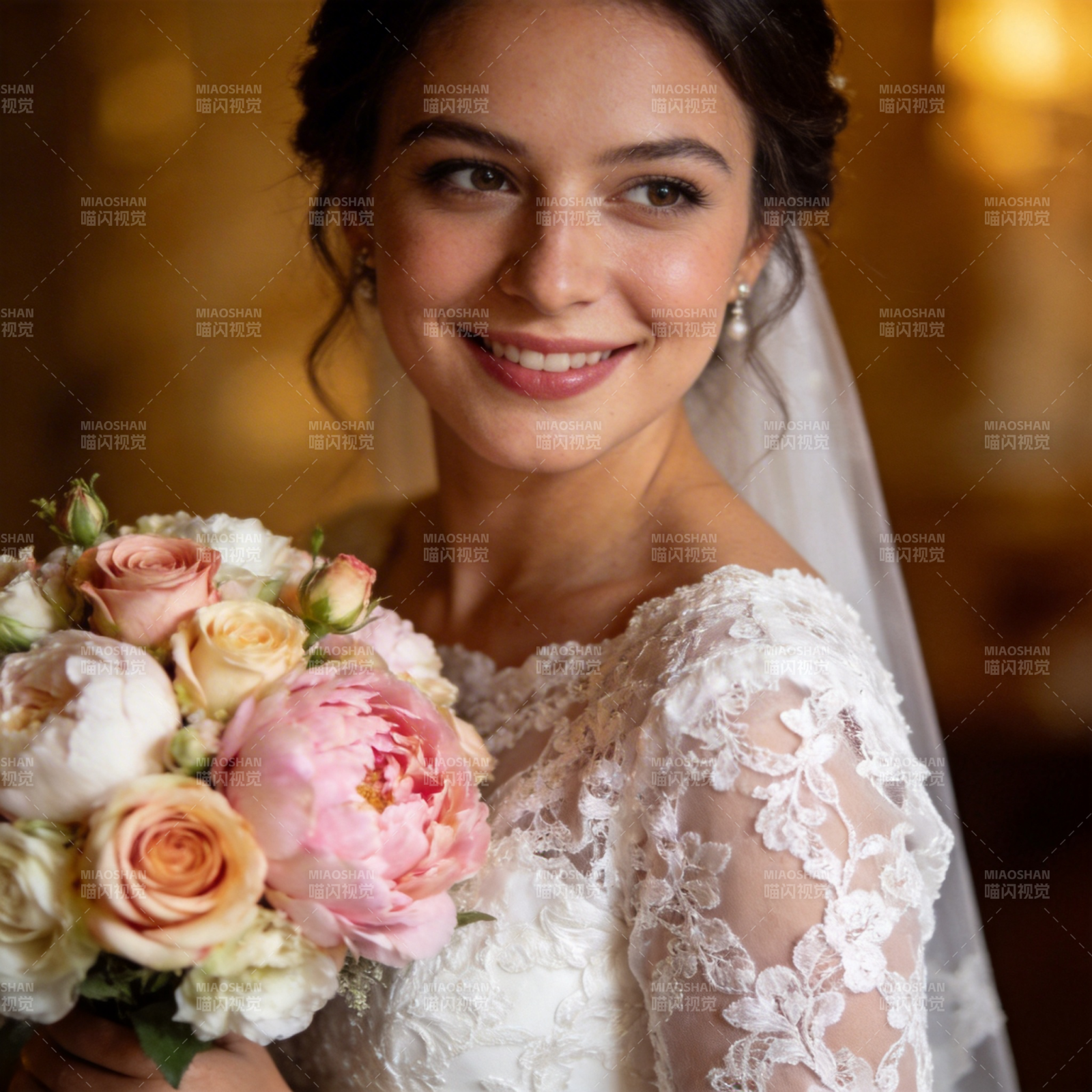 新娘手捧花束微笑图片