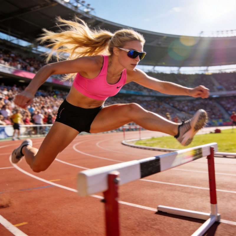 跨栏女将跃过障碍图片