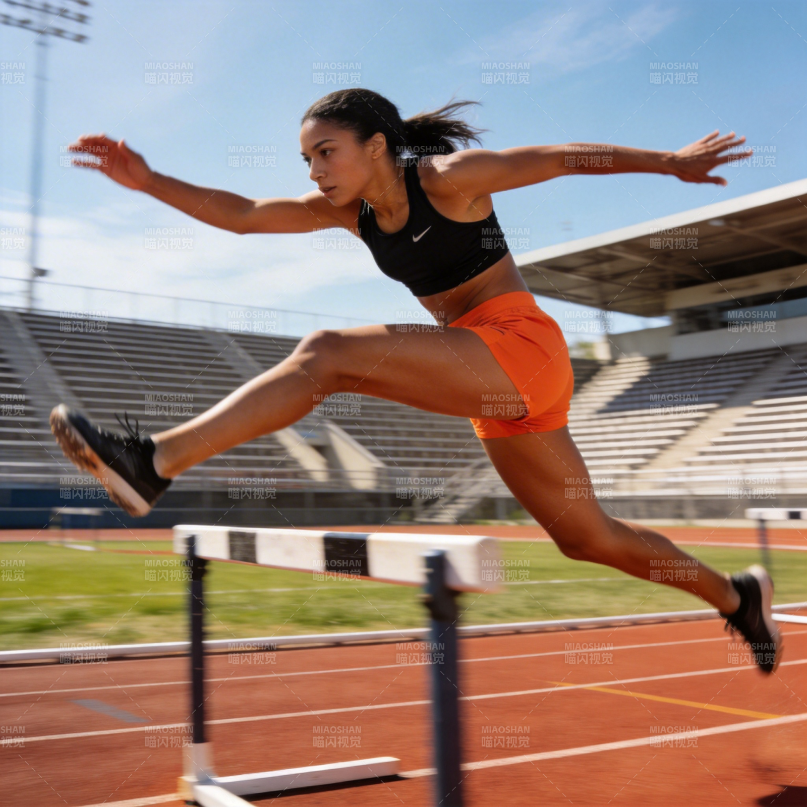 跨栏运动员跃过栏架图片