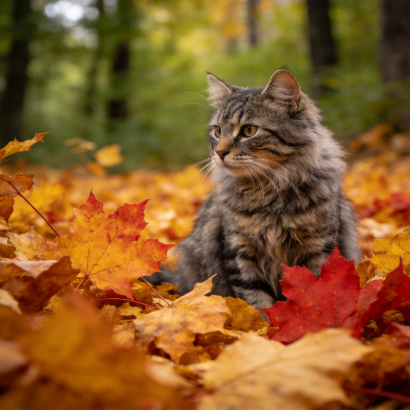 秋叶中的猫咪图片