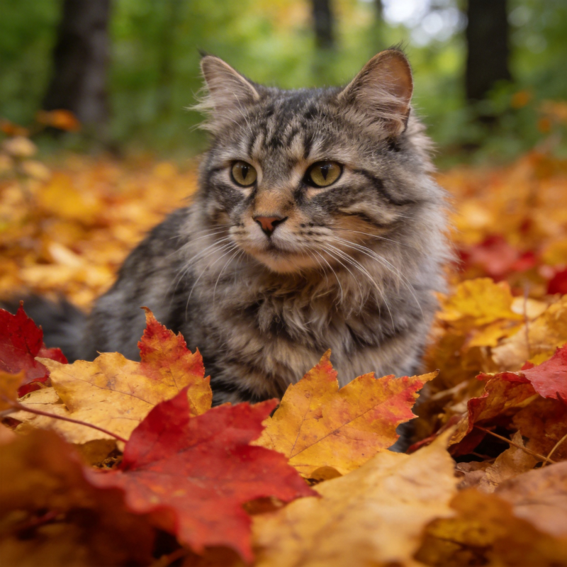 秋叶中的猫咪图片