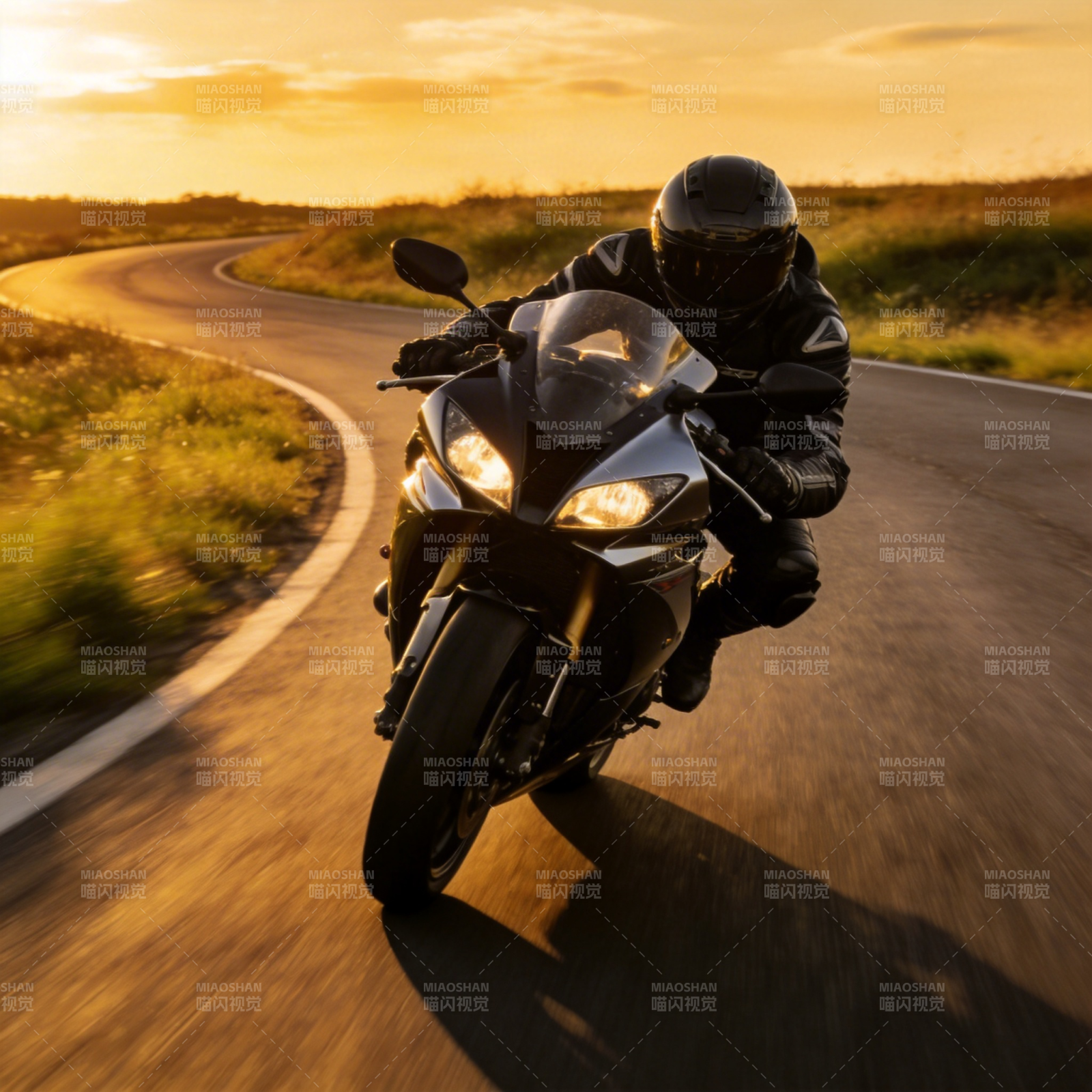 夕阳下的疾驰摩托图片