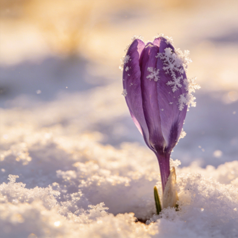 雪中紫花绽放图片