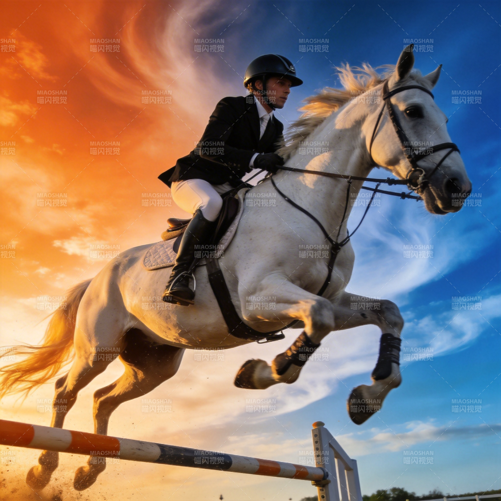 飞跃夕阳 马术英姿图片