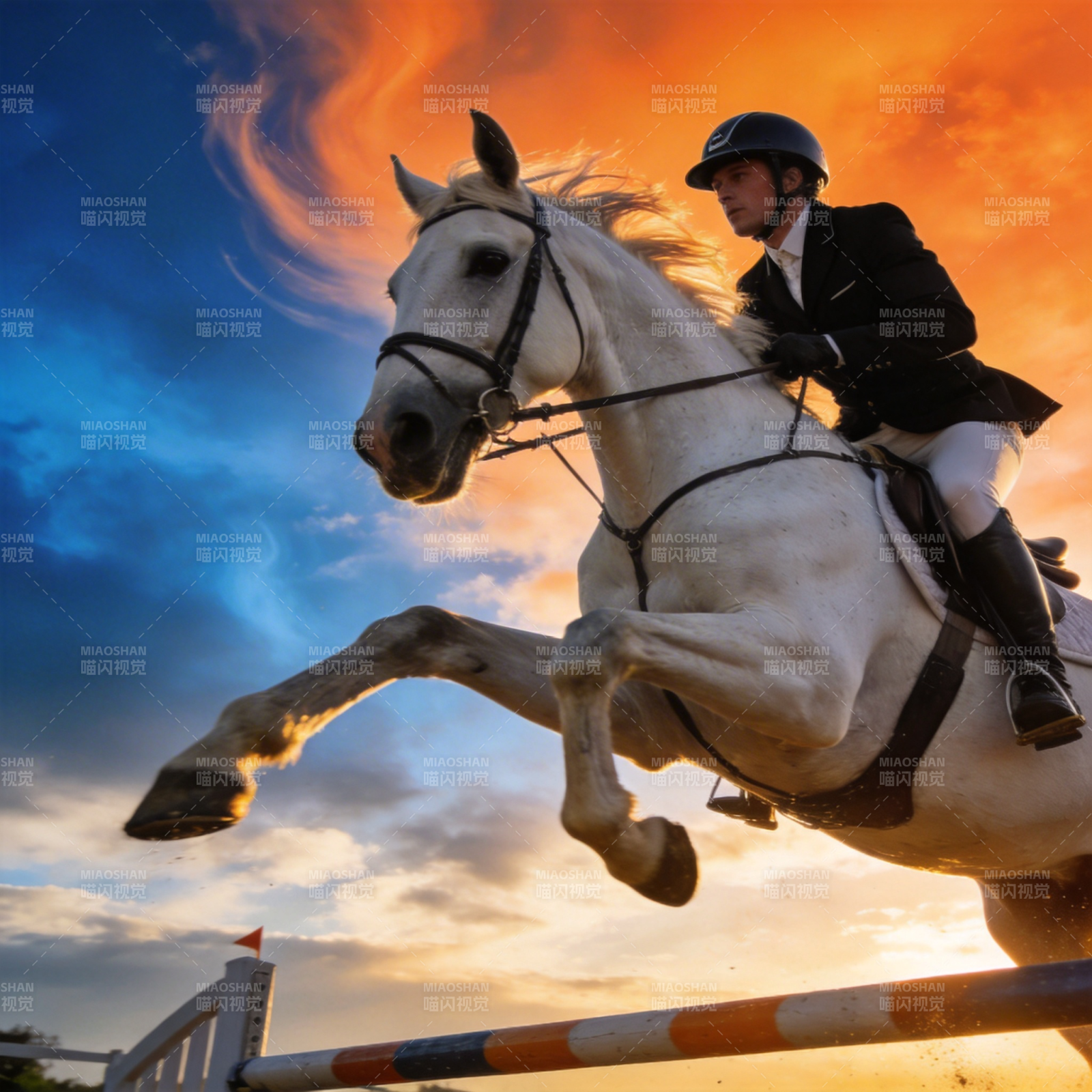 骏马飞跃夕阳图片