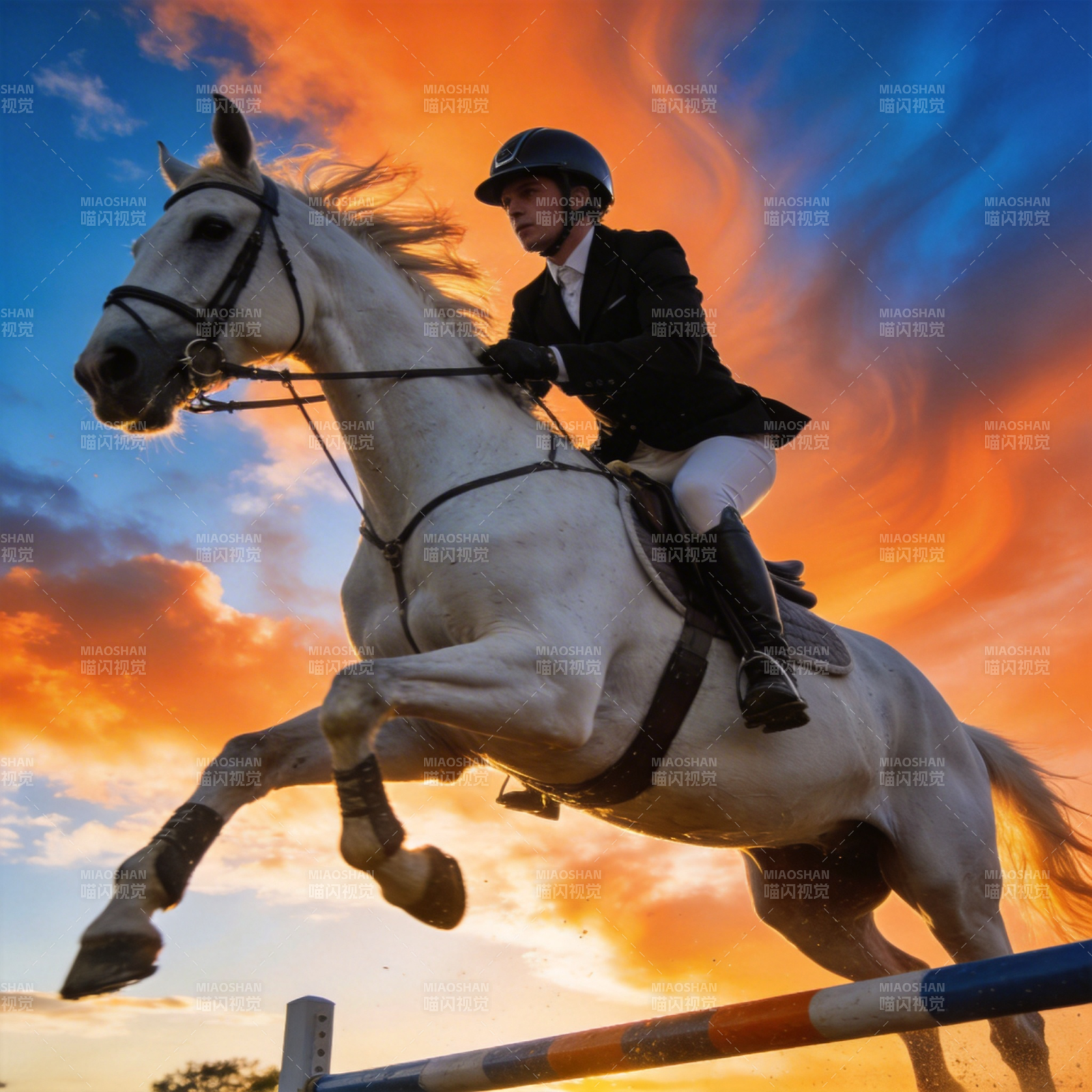 骏马飞跃夕阳下图片