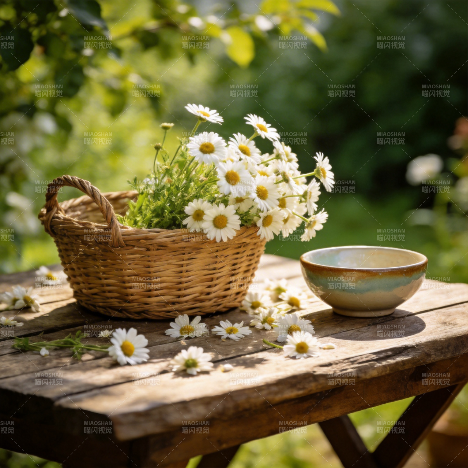 花篮与茶碗静谧时光图片