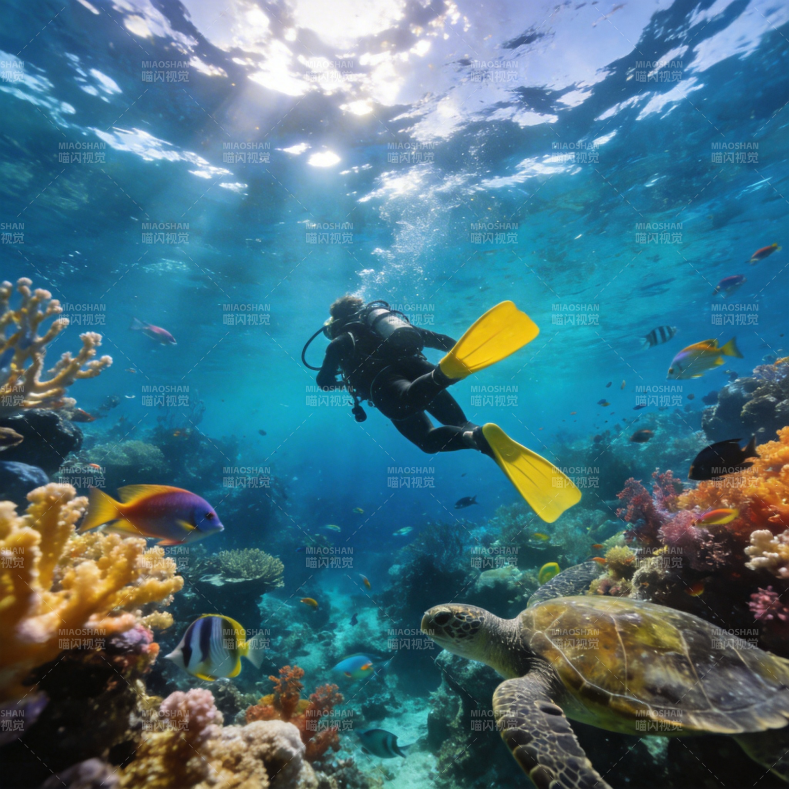 海底探秘 珊瑚与海龟图片