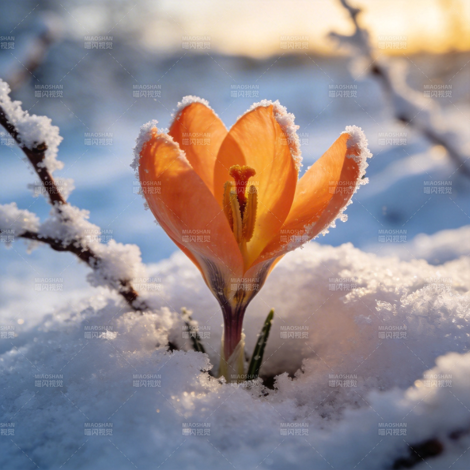 雪中绽放的橙花图片