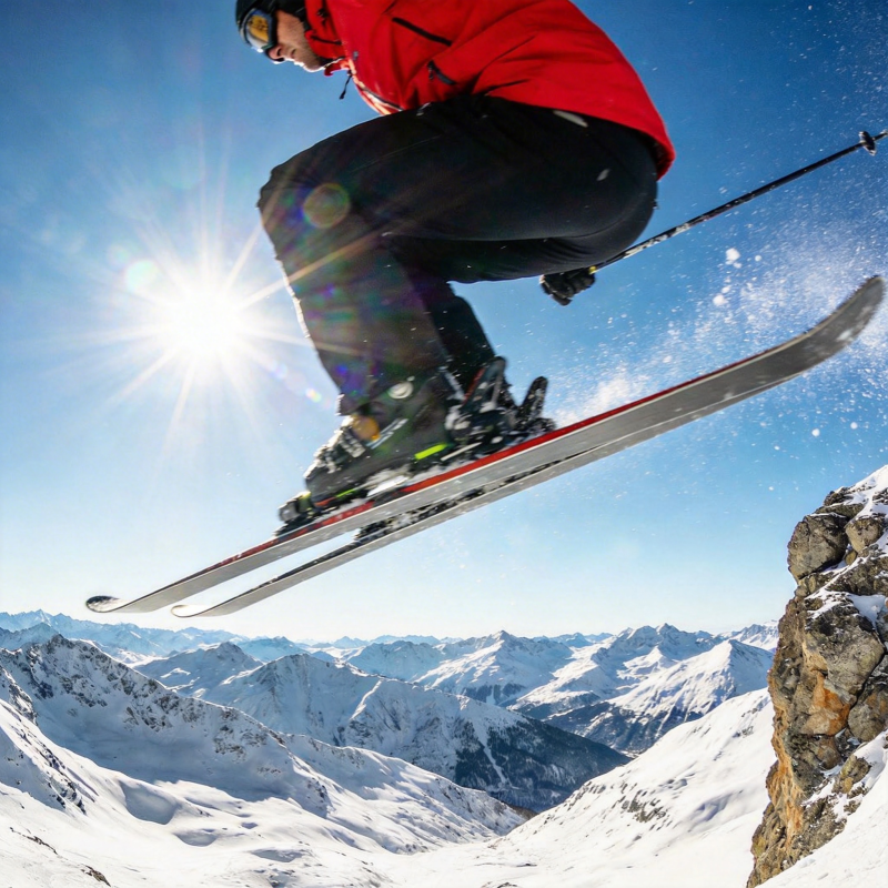 滑雪飞越雪山巅峰图片