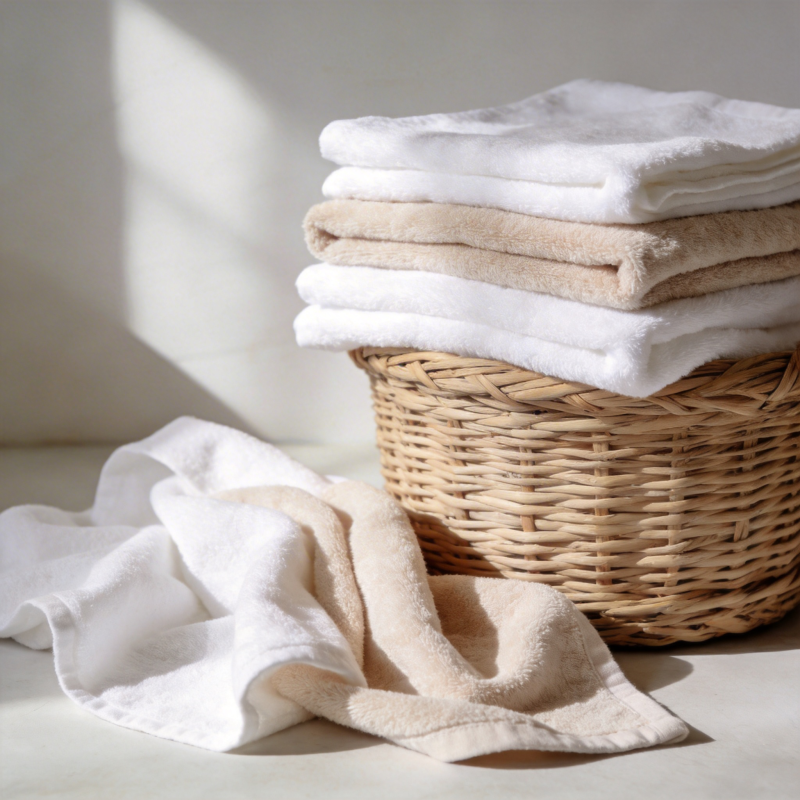 柔软毛巾叠放篮中图片