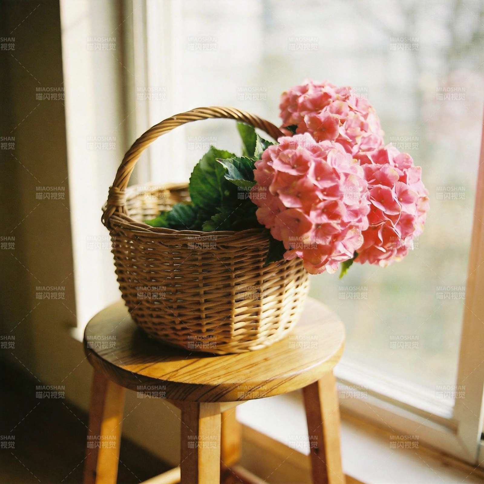 花篮静置窗边图片