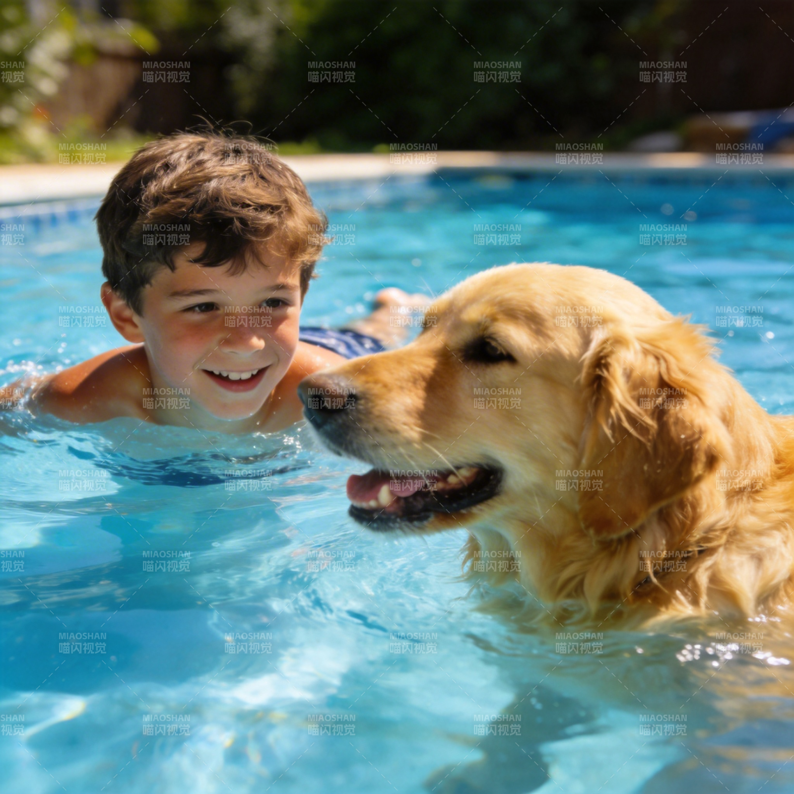 男孩与金毛泳池嬉戏图片