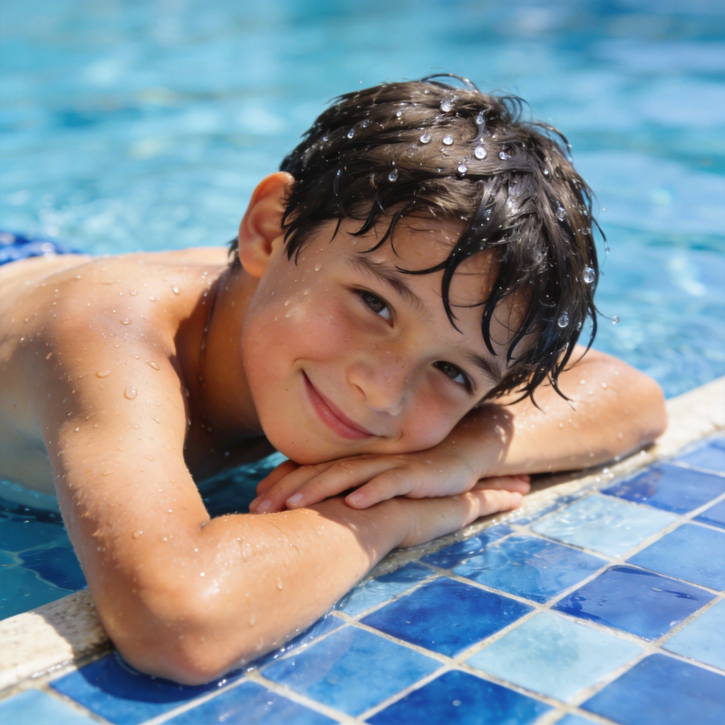 泳池边的微笑男孩图片