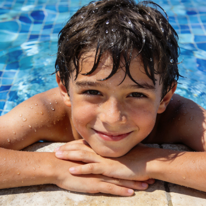泳池边的微笑男孩图片