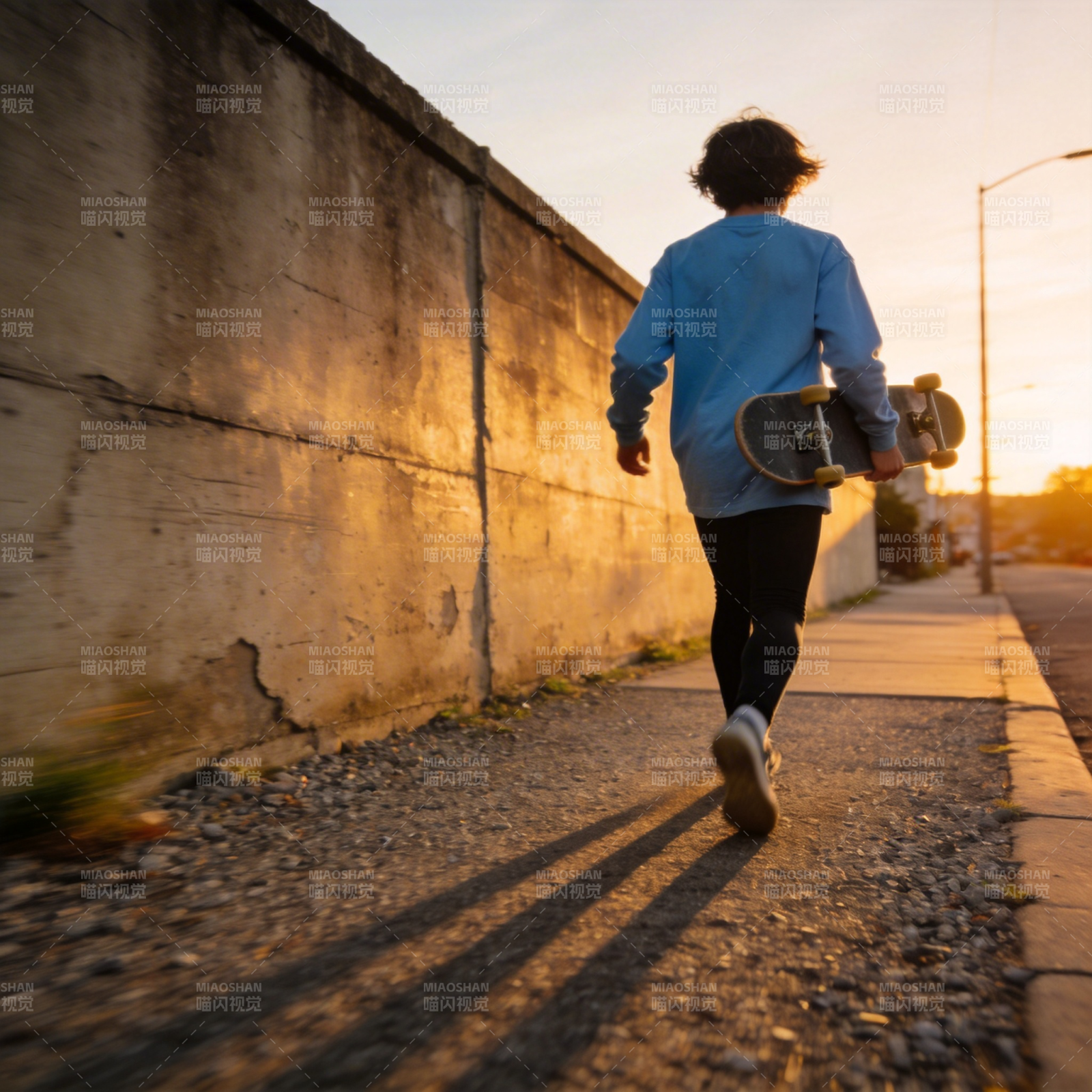 夕阳下的滑板少年图片
