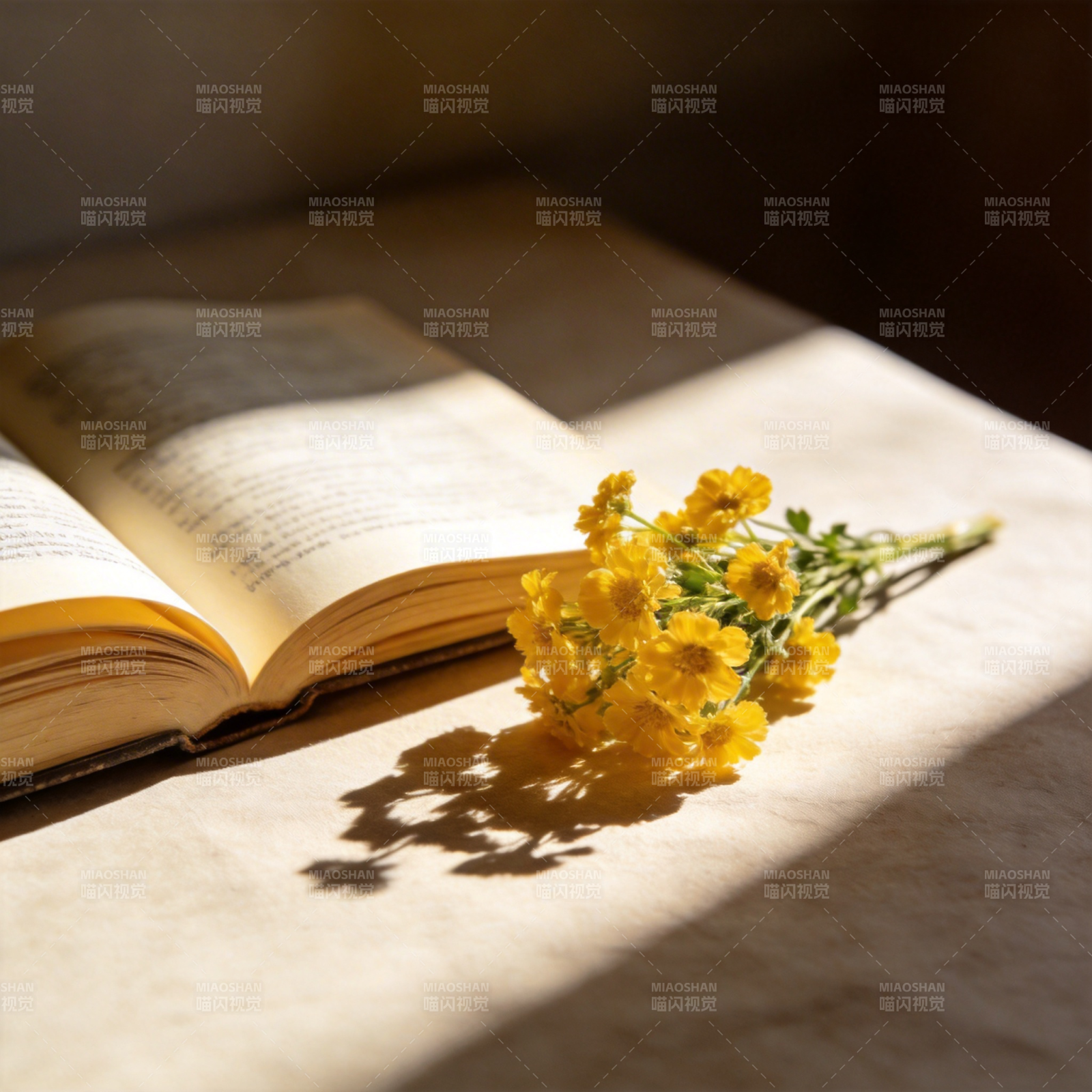 书页上的阳光花影图片