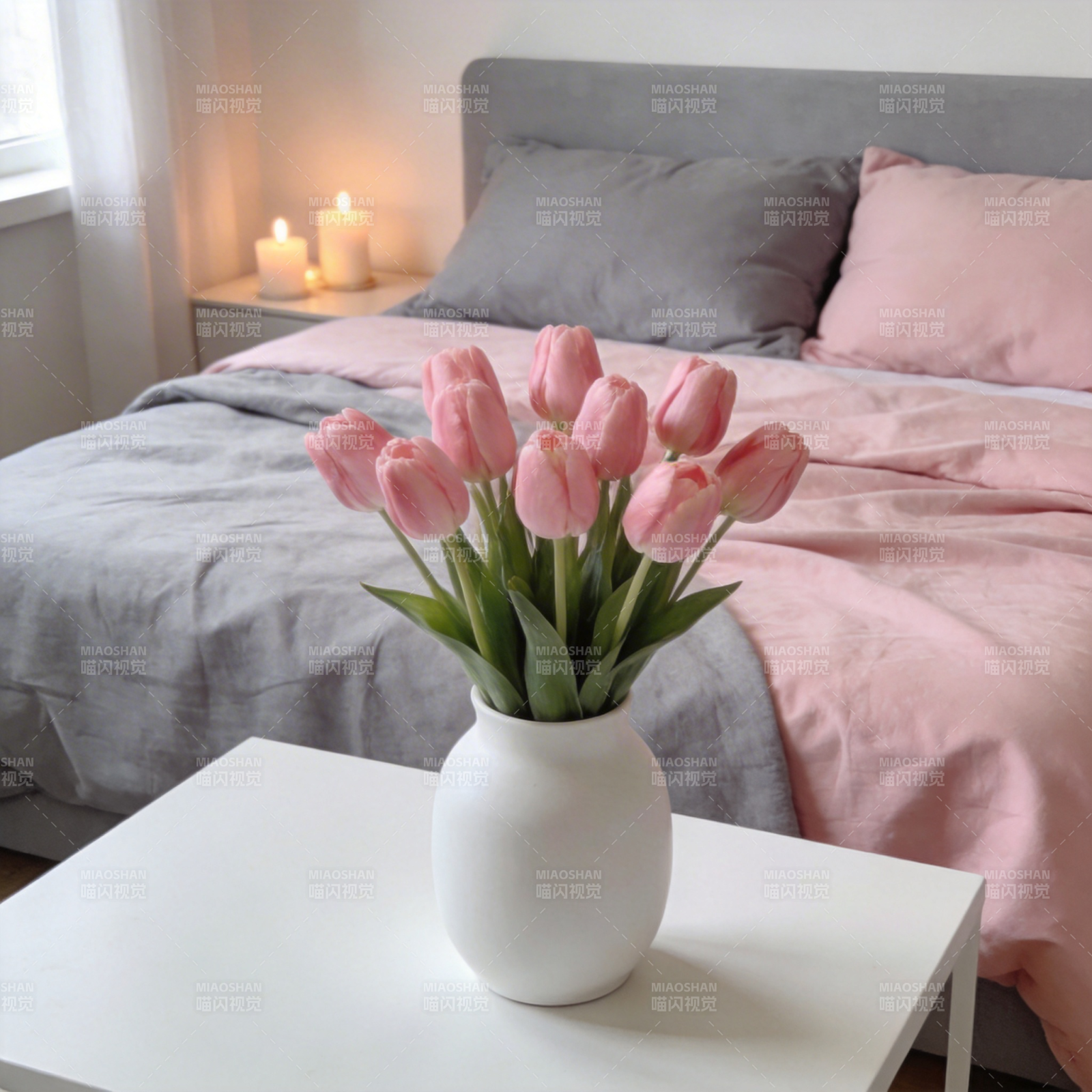粉郁金香卧室静谧图片