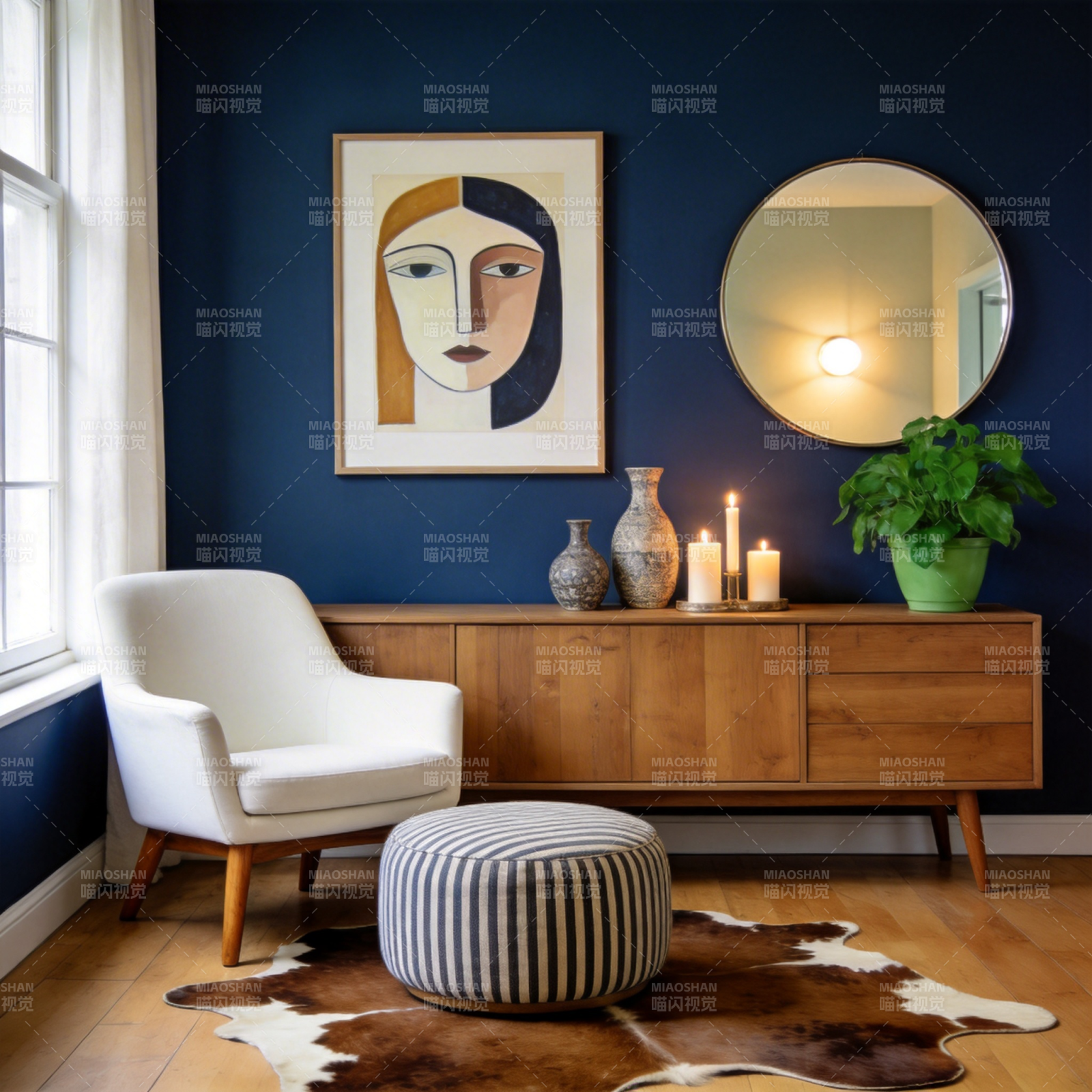 蓝墙艺术客厅一角图片