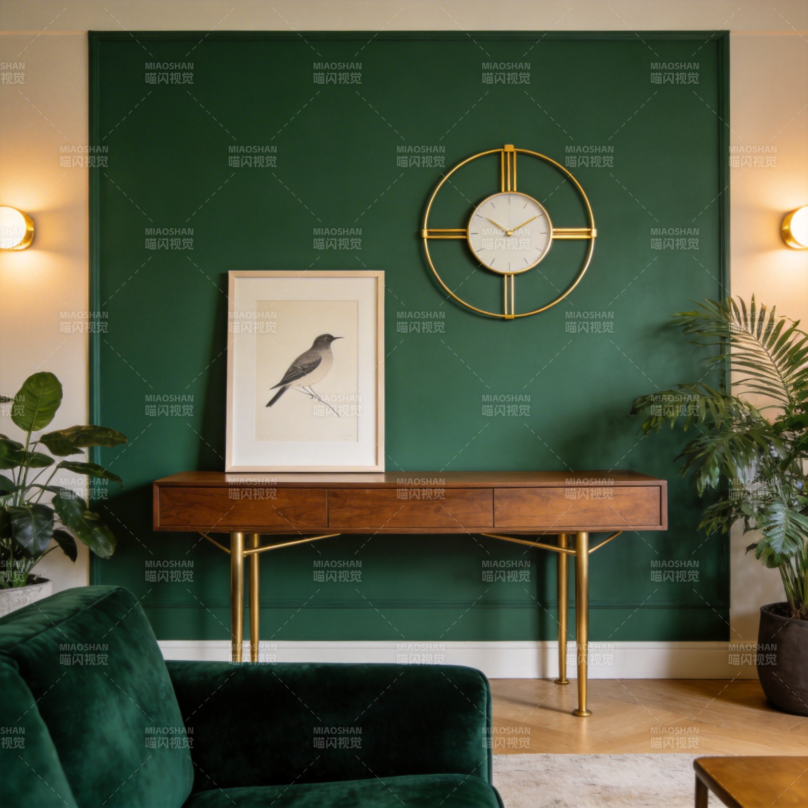 绿墙木桌金钟饰图片
