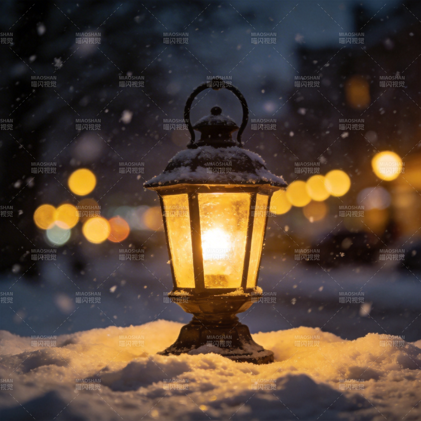 雪夜灯影图片